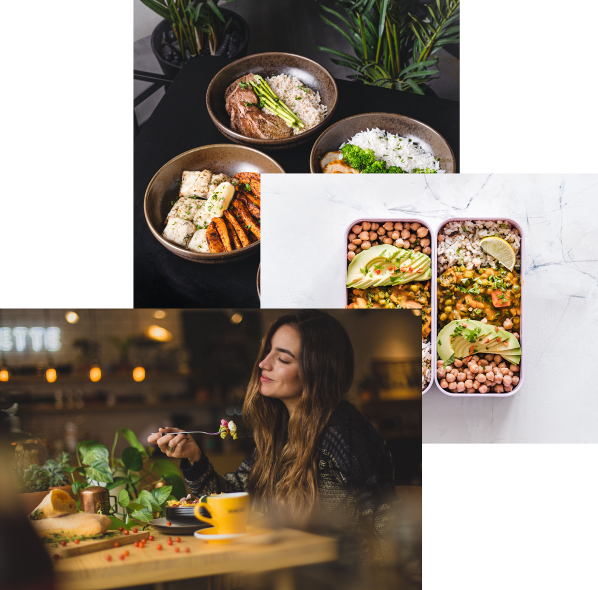 woman eating food, meals in storage, bowl in the table